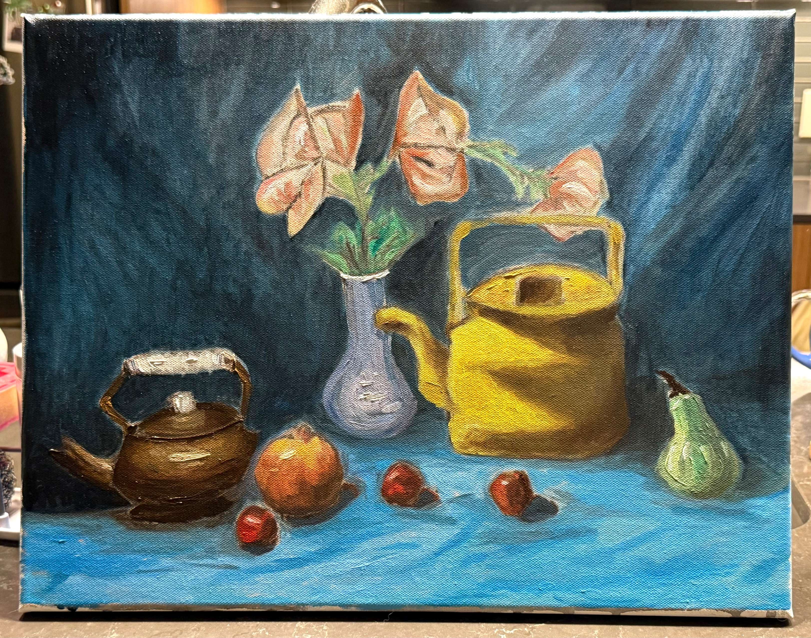 A hyper-realistic still life painting of various objects