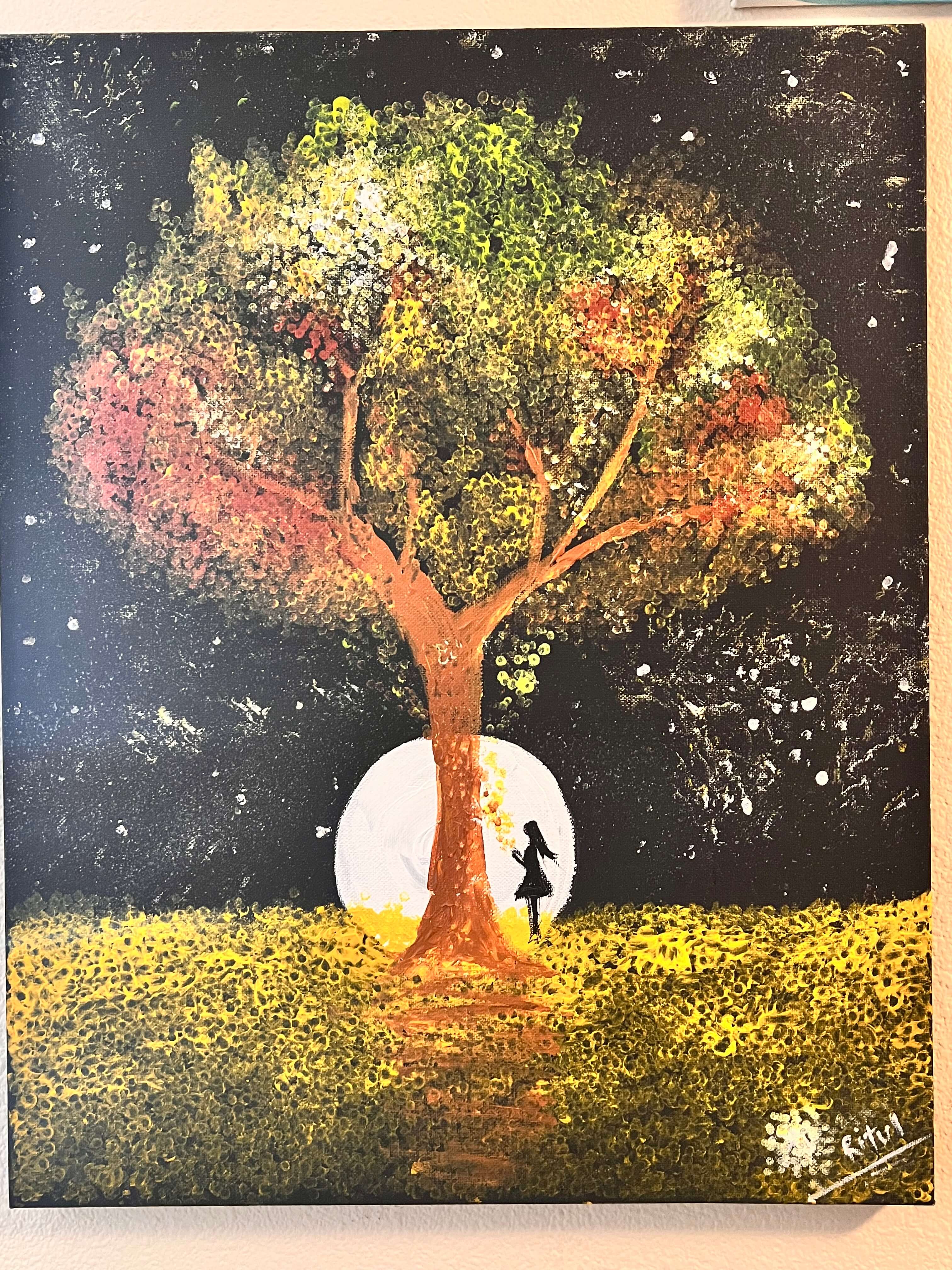 A moonlit landscape painted with ear buds